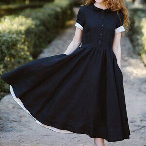 Son de Flor Classic Short Sleeve Linen Dress in Black Pansy
